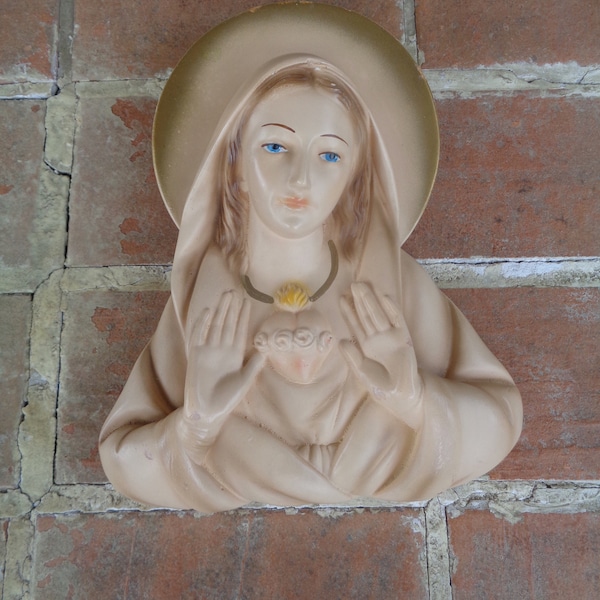 vintage chalk ware wall hanging Religious Mother Virgin Mary Holy decorative sacred heart