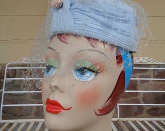 vintage women's hat sky blue formal 1950's veil Powder Roberta Bernays millinery
