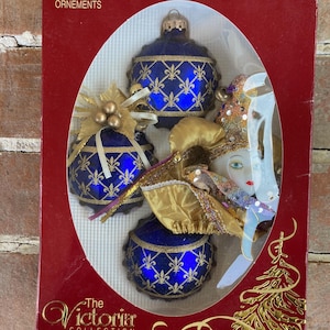 Vintage Victoria ornaments glass jester decorative majestic blue Victorian style Christmas holiday blue gold