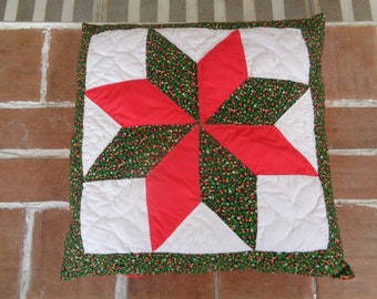 Vintage 8 point star patchwork pillow sham farm house red green Holiday Christmas hand stitched