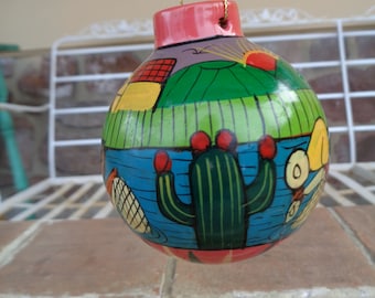 Vintage southwest terracotta ornament bulbous clay Christmas Holiday cactus 3"