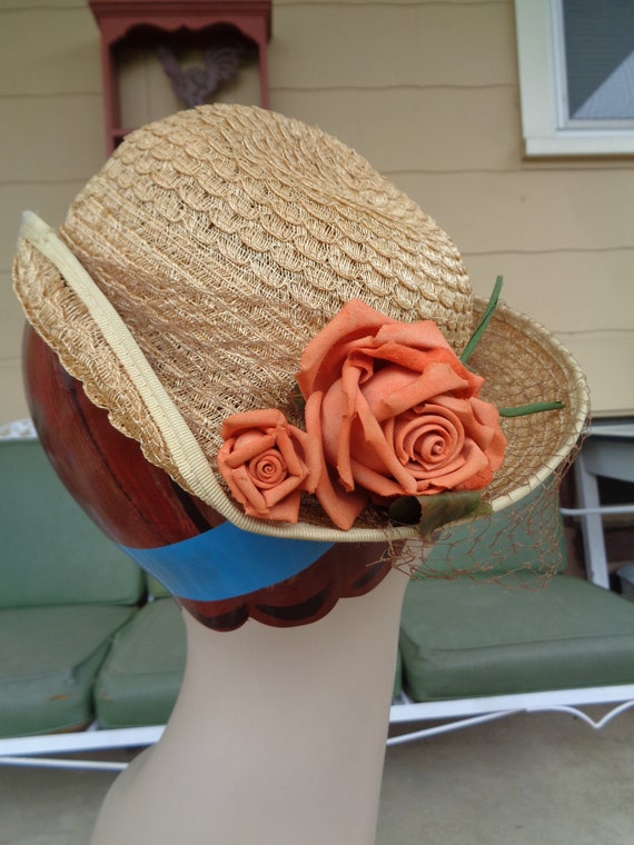 vintage women's hat natural straw flowers 1930's … - image 6