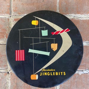 vintage metal candy tin 1950's Atomic era Plantation Jinglebits Chocolate Company Philadelphia Pennsylvania
