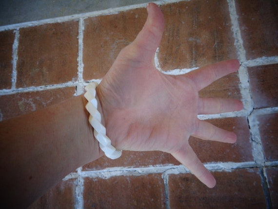 Vintage white carved celluloid bangle bracelet ac… - image 4