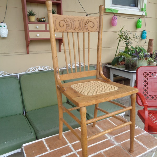 Antique Chair oak cane wicker seat Press back carved LOCAL PICKUP ONLY