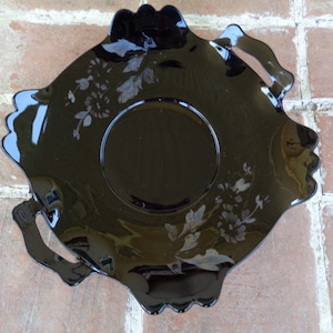 vintage Black onyx glassware plate handles mid century decorative gothic Halloween