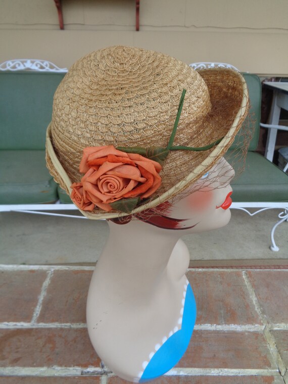 vintage women's hat natural straw flowers 1930's … - image 10