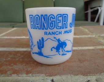 vintage Ranger Joe Ranch mug 1950's milk glass kitsch retro novelty collectible Hazel Atlas blue