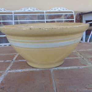 Antique Yellow ware bowl farm house three striped 12&quot; large primitive pottery kitchen