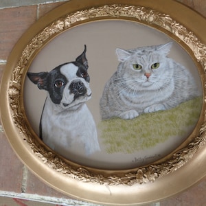 ritratto di cane d'epoca Boston Terrier gatto Goebert cornice dorata antica ART Pennsylvania