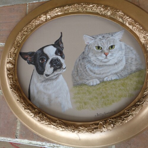 Portrait de chien vintage Boston Terrier chat Goebert cadre doré antique ART Pennsylvanie