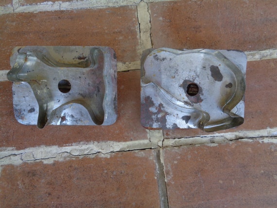 Lot of 2, antique primitive cookie cutters 1930's tin soldered dog chick