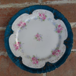 Antique plate orchids pink 8&quot; floral decorative china unmarked green pink flowers cottage chic Victorian