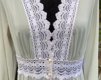 Vintage Olga Blue Nylon Nightgown – Lace Bodice Maxi Gown – Size Medium