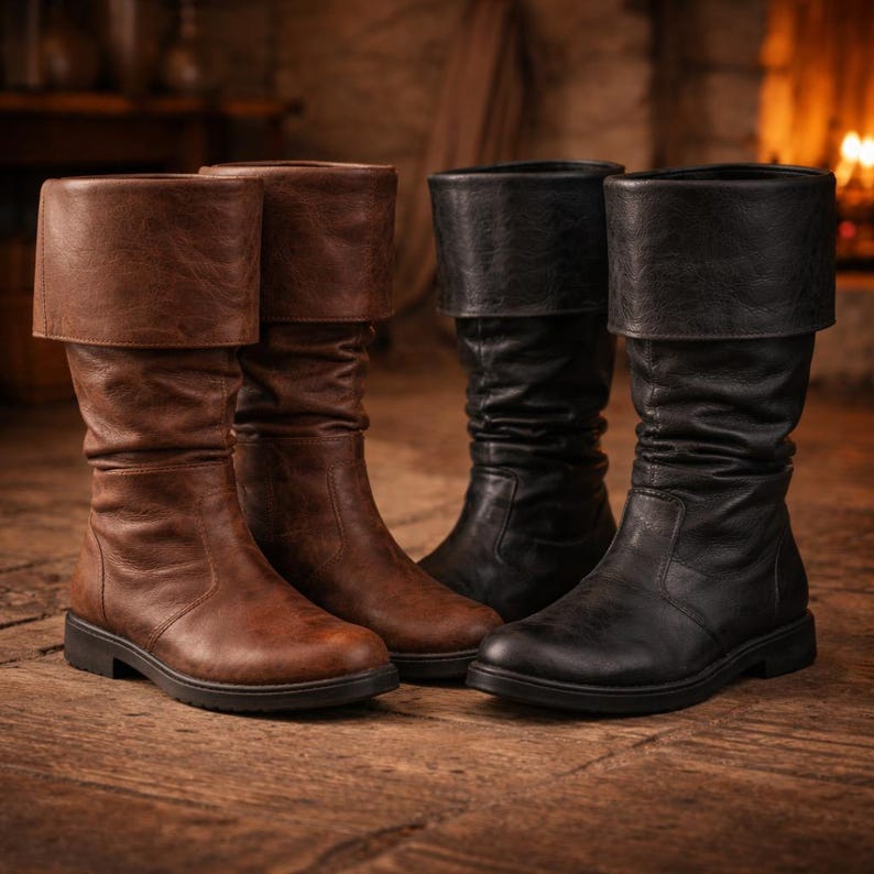 May include: Four leather boots in shades of brown and black are displayed on a wooden surface. The boots have a tall, folded-over cuff design. The brown boots are a lighter shade than the black boots, which have a more textured appearance.