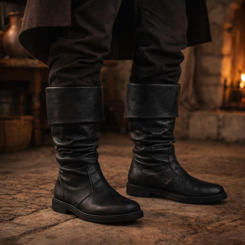 May include: A pair of black leather boots with a folded-over cuff. The boots have a slightly wrinkled texture and a flat sole. The person wearing the boots is standing on a stone floor. The boots appear to be knee-high.
