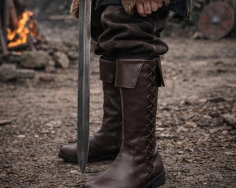 Medieval Leather Boots – Viking Renaissance Costume Footwear, Lace Up Boots for LARP  and Cosplay