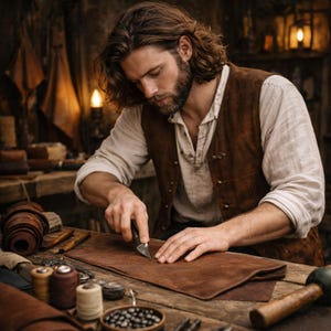 May include: A craftsman working with leather in a workshop. He is wearing a brown vest and a white shirt, and is focused on cutting a piece of brown leather with a knife. Various tools and materials are on the wooden table.