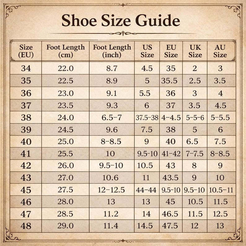 May include: A shoe size conversion chart with the title "Shoe Size Guide". The chart includes EU, US, UK, and AU sizes, along with foot length in inches and centimeters. The chart ranges from EU size 34 to 48.