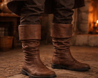 Stivali medievali in pelle da uomo / Scarpe LARP vichinghe rinascimentali / Calzature per costumi da pirata e cavaliere