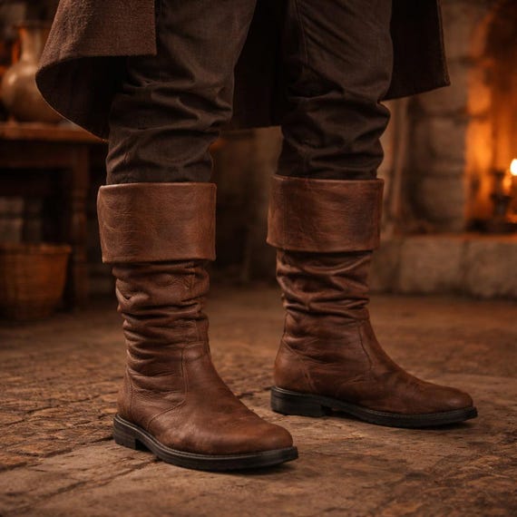 Men Medieval Leather Boots | Renaissance Viking LARP Shoes | Pirate & Knight Costume Footwear