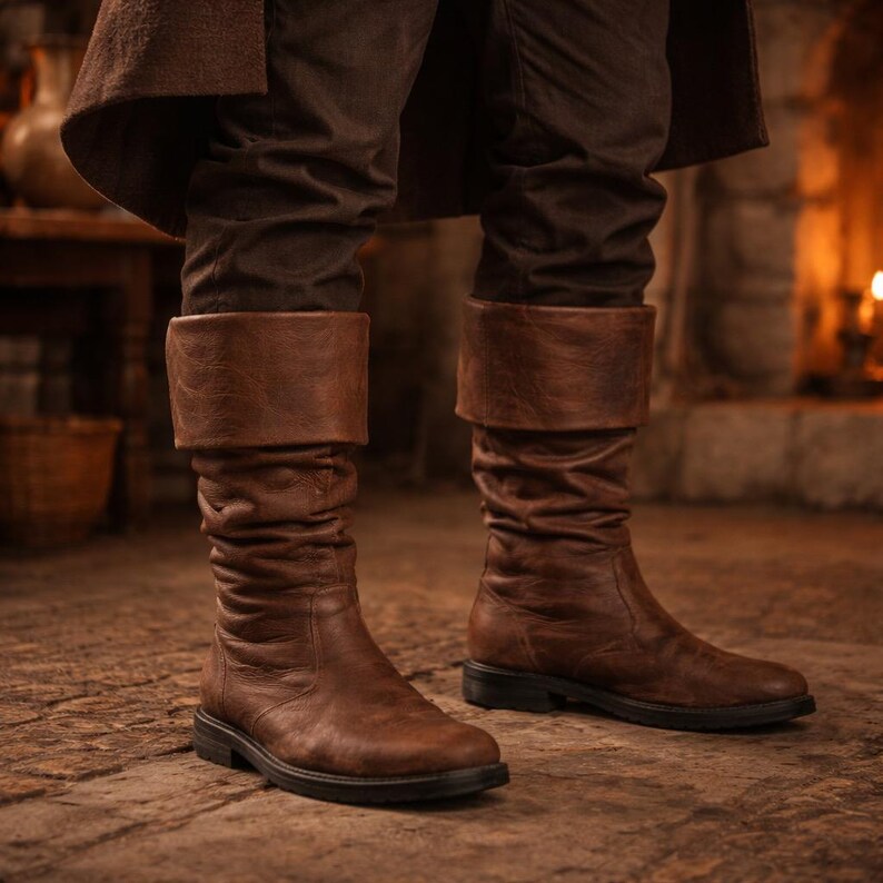 May include: Brown leather knee-high boots with folded-over cuffs. The boots have a slightly distressed appearance and a flat sole. The boots are worn with dark brown pants and a long coat, suggesting a historical or fantasy theme.
