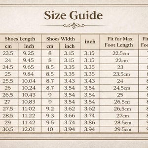May include: A shoe size guide with measurements in centimeters and inches. The chart includes shoe length and width, and fit for maximum foot length and width. Sizes range from 34 to 48, with corresponding measurements.