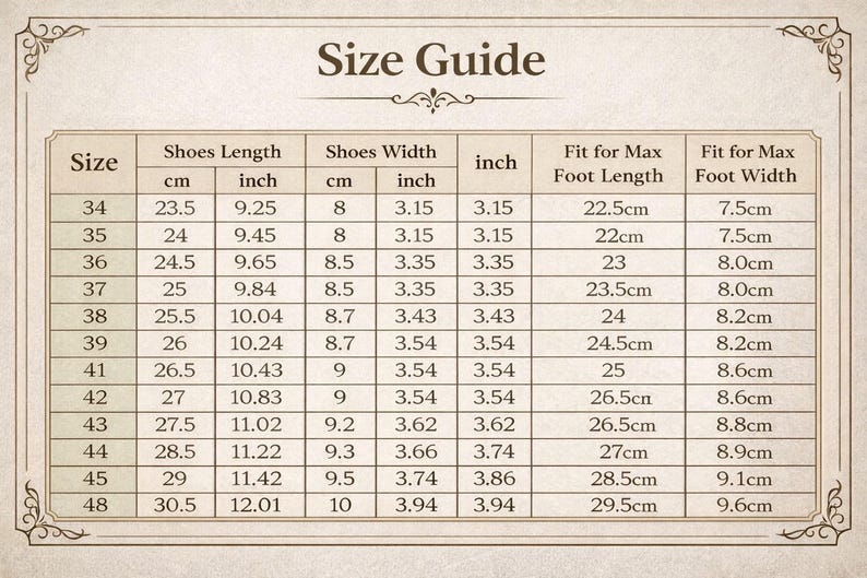 May include: A shoe size guide with measurements in centimeters and inches. The chart includes shoe length and width, and fit for maximum foot length and width. Sizes range from 34 to 48, with corresponding measurements.