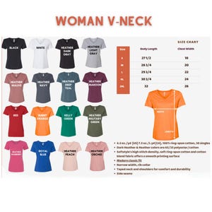 May include: A range of women's V-neck t-shirts in colours such as black, white, and red. The image includes a size chart with body length and chest width measurements. The shirts are made from a soft cotton blend. Measurements are in inches.
