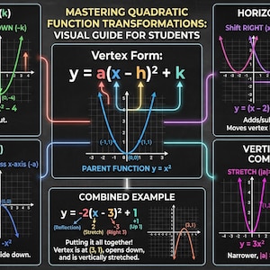 May include: A visual guide for students on mastering quadratic function transformations. The image displays graphs illustrating vertical and horizontal shifts, reflections, and vertical stretch/compression. Equations and explanations accompany each graph, with the vertex form equation highlighted.