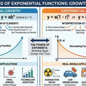 May include: Educational infographic on exponential functions, growth, and decay. The graphic includes formulas, interpretations, and real-world applications like compound interest, population growth, and radioactive decay. The image features graphs and text.