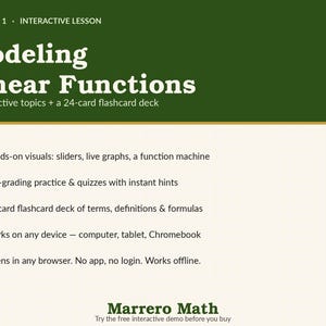 May include: A digital educational resource for Algebra 1, featuring interactive lessons on modeling linear functions. Includes hands-on visuals, self-grading quizzes, and a 24-card flashcard deck. Works on any device and opens in any browser.