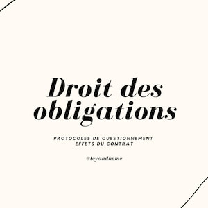 Puede incluir: Gráfico color crema con texto negro que dice "Droit des obligations" en negrita. Debajo, texto más pequeño que dice "Protocoles de questionnement effets du contrat". La imagen incluye una línea negra curva y el handle @leyandhome.