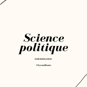 Peut inclure: Un design minimaliste avec les mots "Science politique" dans une police de caractères audacieuse et élégante. En dessous, le mot "CHRONOLOGIE" et le compte Instagram "@leyandhome" sont affichés. Le fond est de couleur crème clair avec des lignes courbes noires.