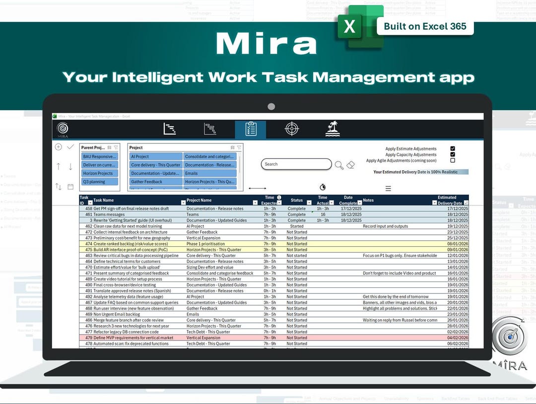 Mira Personal Work To-do List Excel Template | Intelligent Task Manager ...