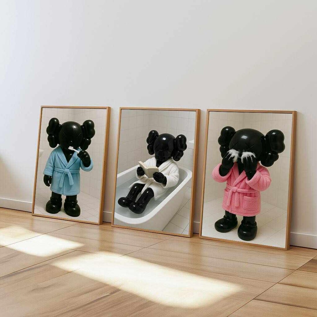 Set of 3 Black Kaws in Shower & Bathroom, DIGITAL DOWNLOAD, Kaws Poster ...