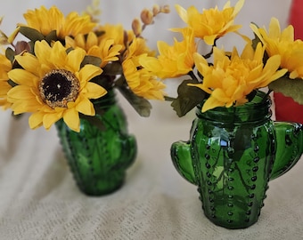 Cactus shaped Vase with Bright Yellow Faux Flowers - Cheerful Southwestern Decor