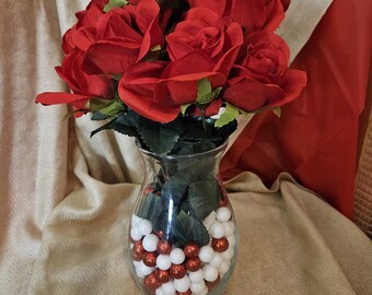 Valentine’s Dozen Roses Arrangement | Faux Rose Valentine’s Décor in Glass Vase | Romantic Floral Gift |