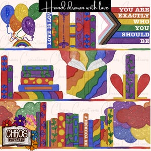 Puede incluir: Una ilustración colorida con estanterías con libros de varios colores y patrones. La imagen incluye globos, un arcoíris y texto que dice "Hand Drawn with love", "Love is Love", "You are exactly who you should be" y "Be Yourself".