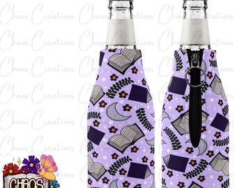 Celestial book zip up bottle koozie, purple bookish beer sleeve for readers at the beach, pool, garden, backyard