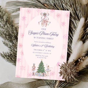 Our Little Sugar Plum Birthday Invite, Any Age Birthday, Nutcracker Pink Christmas, Editable Canva Template, 5"x7"