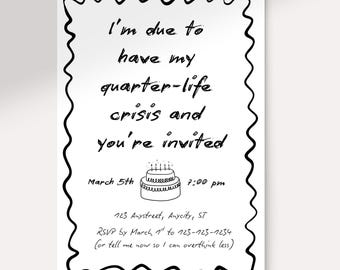 Quarter Life Crisis 25th Birthday Invitation, Editable Canva Digital Template