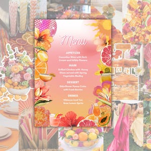 May include: A collage of images featuring a menu with floral and fruit illustrations. The menu lists appetizers, main courses, desserts, and drinks. The color scheme is a mix of pink, orange, and yellow, with images of food and floral arrangements.