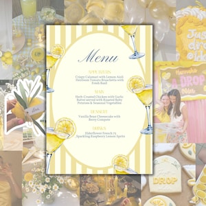 May include: A collage of images with a lemon theme. A menu with a yellow and white striped background features a cocktail illustration with a lemon slice. Other images include a cake, cookies, and drinks, all with a yellow and white color scheme.