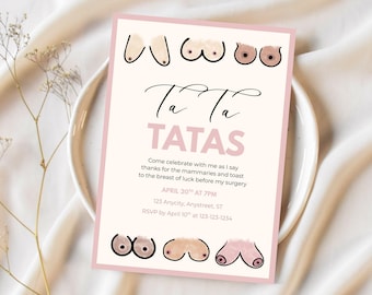 Ta Ta Tatas Party Invite, Breast Reduction Surgery, Editable Canva Template
