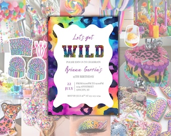 Rainbow Cheetah Birthday Invitation, Editable Canva Template (Digital Download)