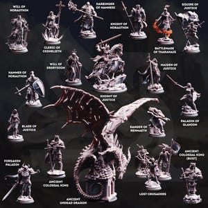 May include: A collection of detailed miniature figurines, including knights, clerics, and a dragon, with titles like "Knight of Justice" and "Ancient Undead Dragon." The figurines are in shades of gray and white, suggesting a fantasy or tabletop gaming theme.