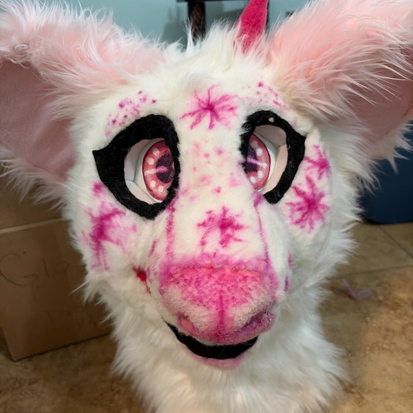Fursuit creature mask.  Pink and white animal mask. Deer/goat