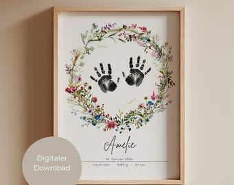 Personalized Baby Handprint Birth Poster | Watercolor Floral Wreath Footprint Template | Gift for Birth and Christening | Digital Download
