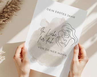Babyalbum digitaal te downloaden om af te drukken – Mijn eerste jaar | Minimalistische lijntekeningen | Mijlpalen, 12 maanden, herinneringsboek | Boho-design